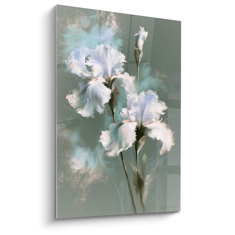 Tableau Iris blancs sur fond vert sauge - Brume matinale au jardin - Edition Iris