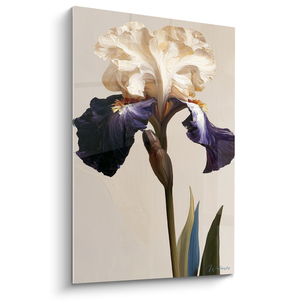 Tableau Iris blanc et pétales violet nuit - Élégance silencieuse - Edition Iris