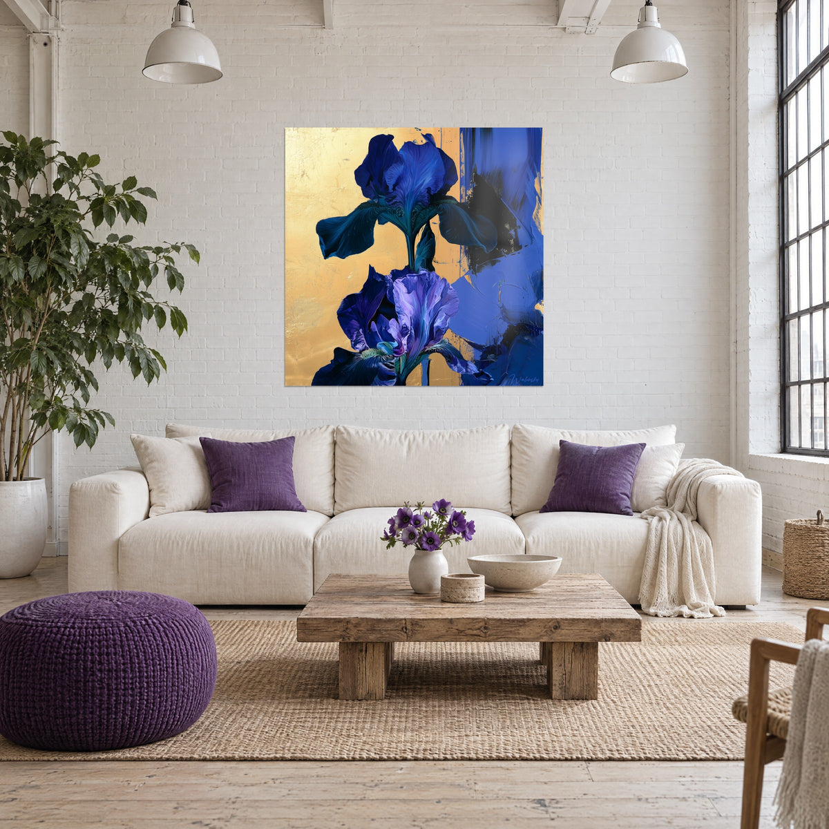 Wall art midnight blue iris on cracked gold leaf, velvety petals with violet touches, hanging above a sofa in a bright living room