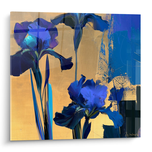 Tableau Fleurs bleues sur fond doré peint - Éclosion dorée - Edition Iris