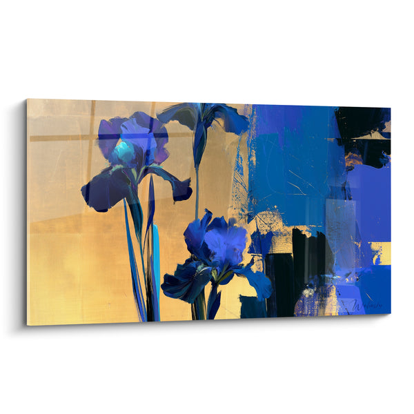 Tableau Fleurs bleues sur fond doré - Éclosion crépusculaire - Edition Iris