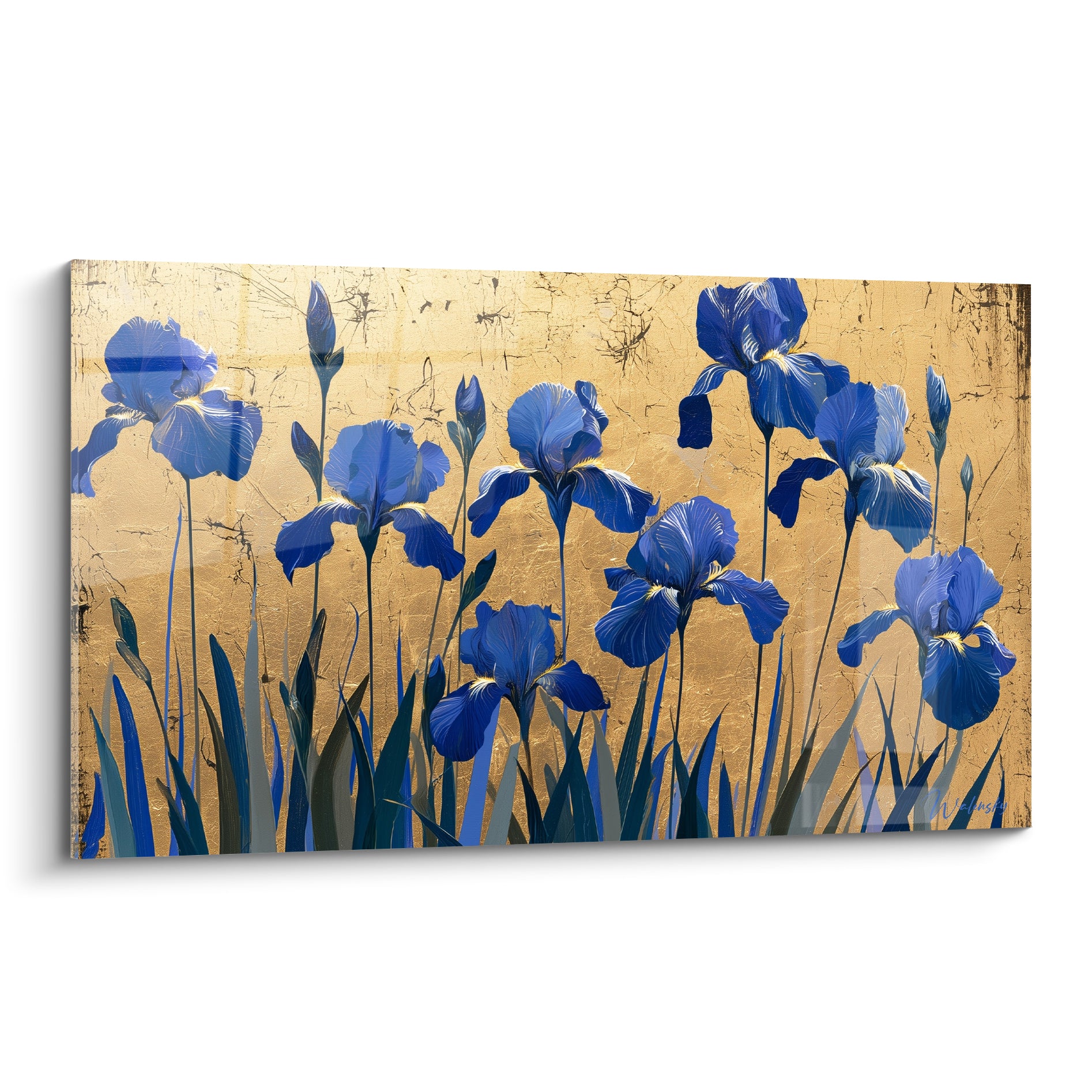 Iris bleu marine aux pétales veinés de blanc sur fond doré craquelé, style graphique