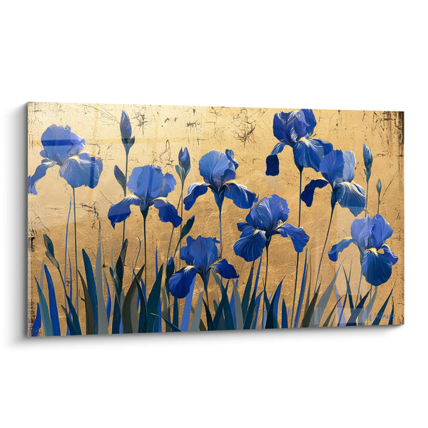 Tableau Fleurs bleu cobalt et fond doré craquelé rangée dense - Rangée serrée de tiges - Edition Iris