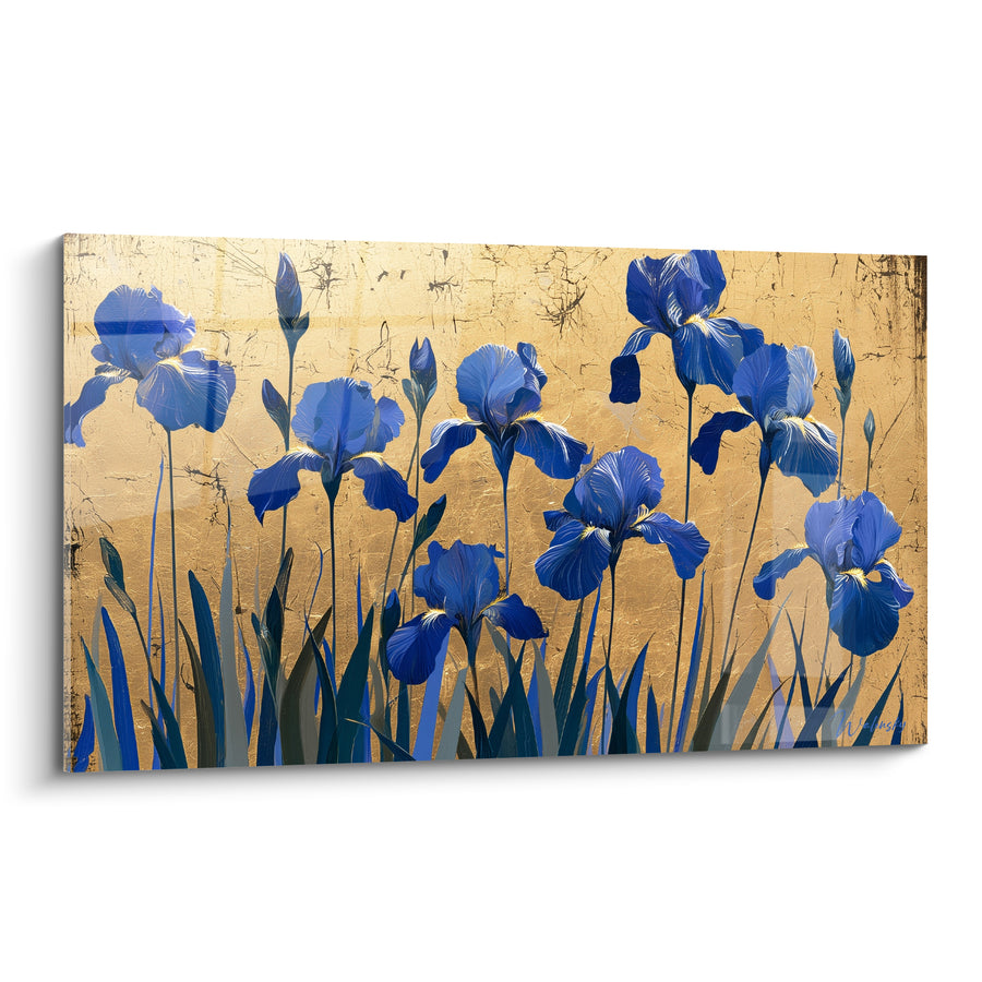 Tableau Fleurs bleu cobalt et fond doré craquelé rangée dense - Rangée serrée de tiges - Edition Iris