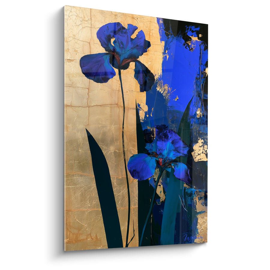 Cuadro Iris azul ultramarino y fondo dorado craquelado - Hojas azul petróleo alargadas - Edición Iris