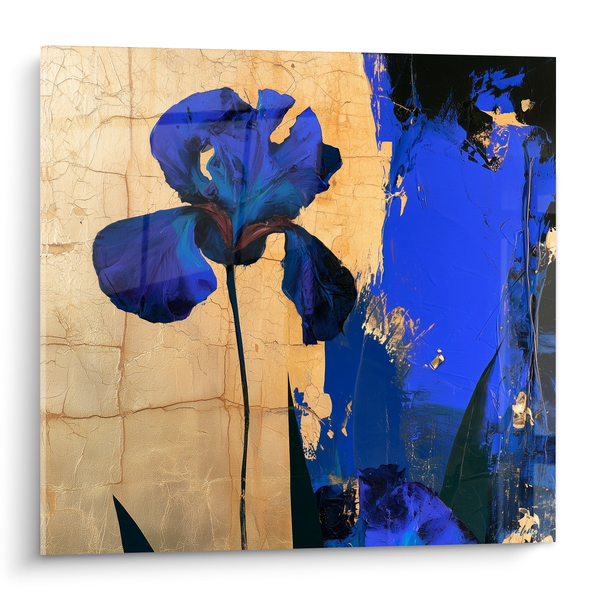 Iris bleu marine aux pétales veloutés sur fond doré craquelé, tige sombre et feuilles vertes