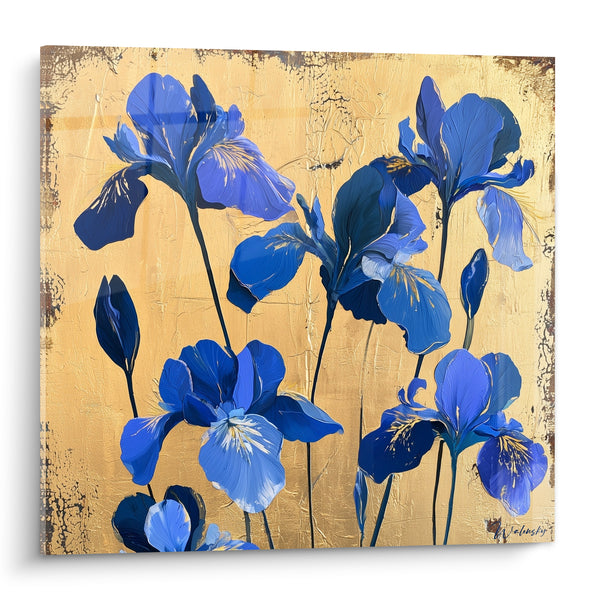 Tableau Fleurs bleues sur fond doré patiné - Éclat du jardin doré - Edition Iris