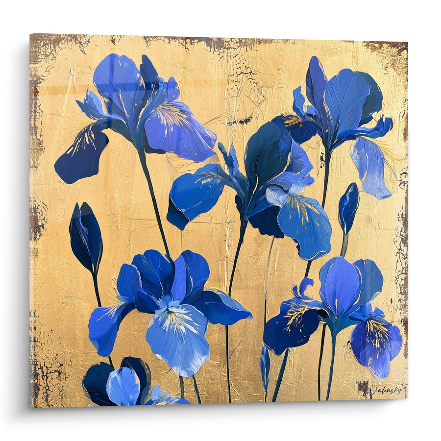 Cuadro Flores azules sobre fondo dorado envejecido - Resplandor del jardín dorado - Edición Iris