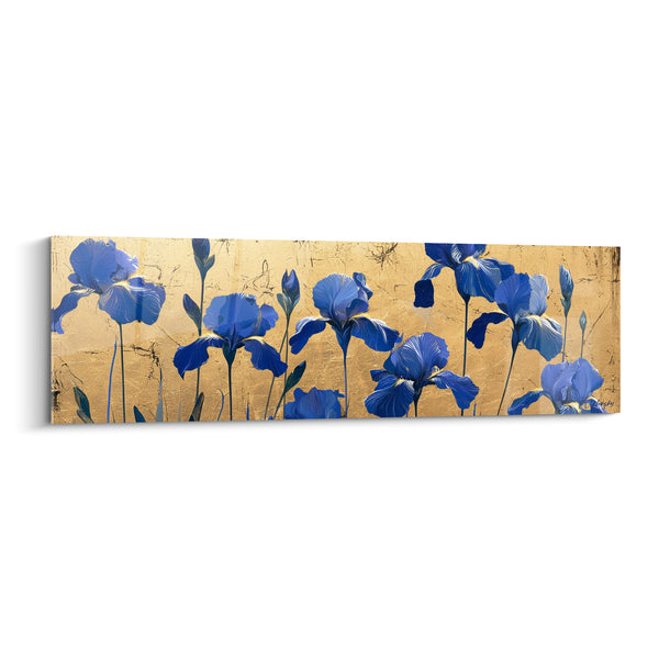 Tableau Fleurs bleu roi et fond ocre griffé - Rangée florale panoramique - Edition Iris