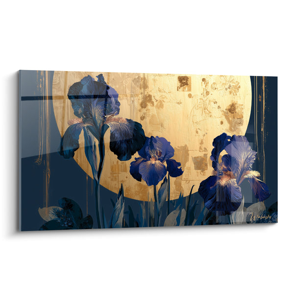 Tableau Iris bleus et dorés devant un cercle lunaire - Trio floral nocturne - Edition Iris