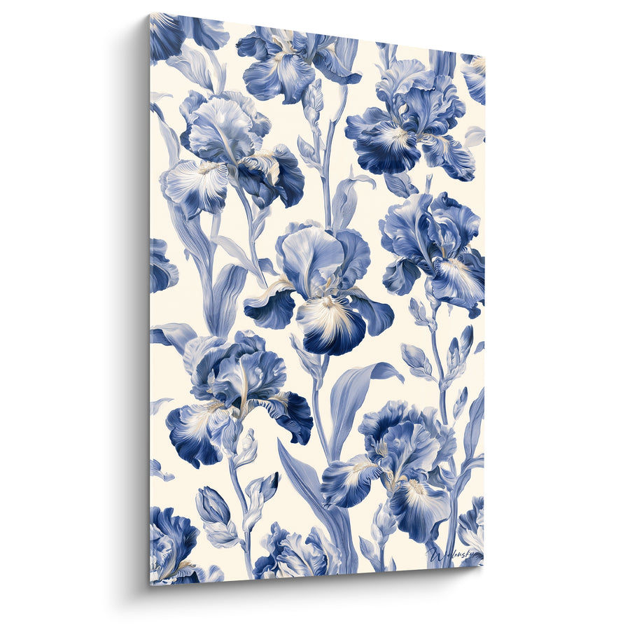 Tableau Iris bleu et blanc en motif répétitif serré - Tiges entrelacées denses - Edition Iris