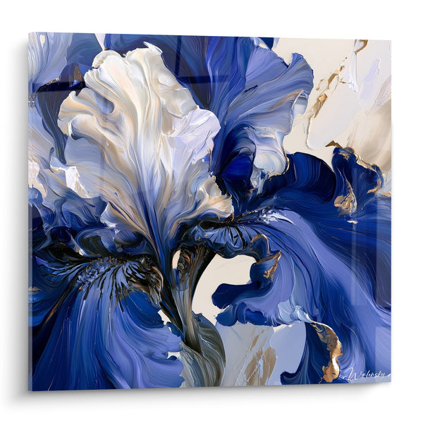 Tableau Iris bleu roi et blanc aux pétales tourbillonnants - Barbe centrale sculptée - Edition Iris