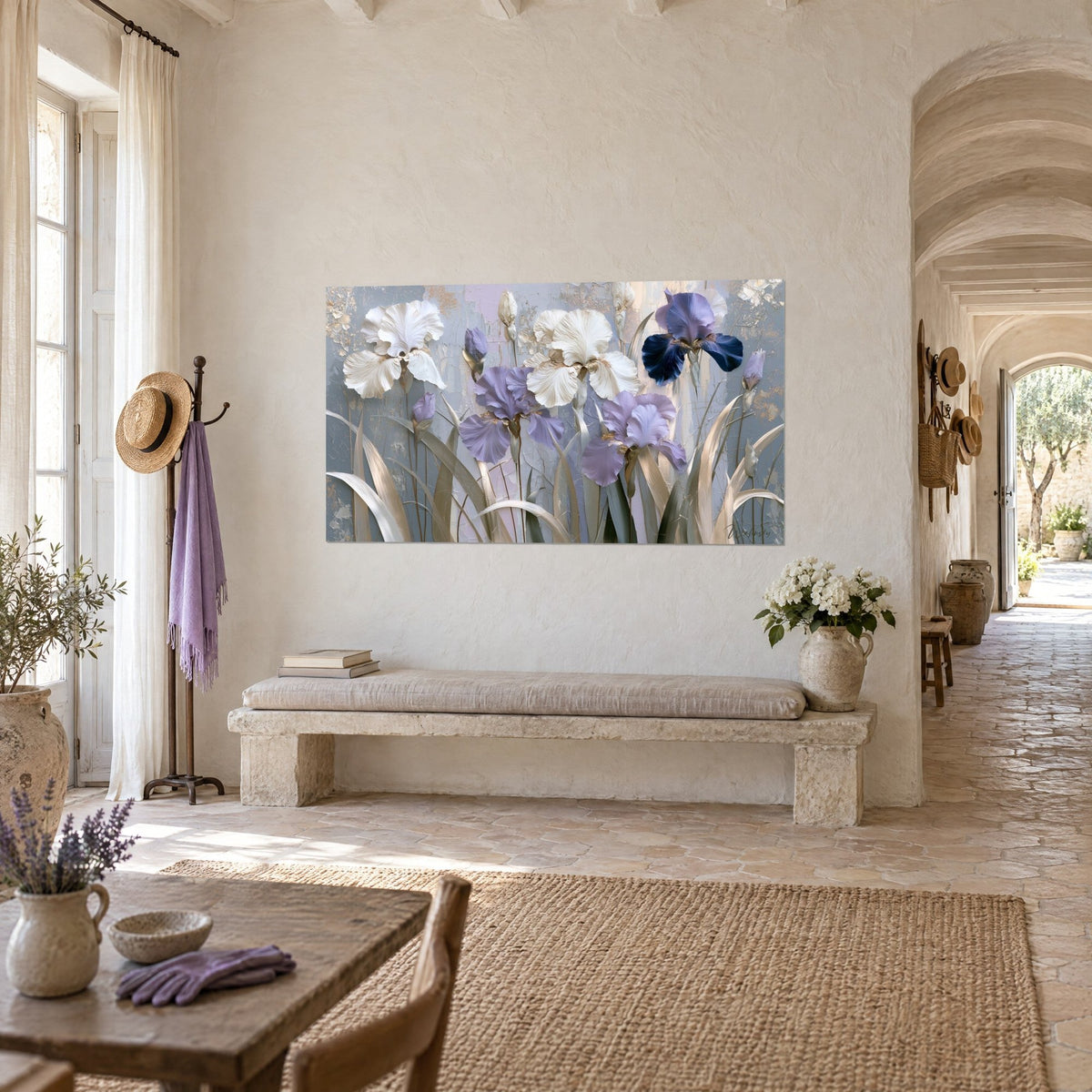Wall art of a bouquet of mauve and white irises with golden beige leaves, thick paint impasto, in a vaulted hallway of the farmhouse