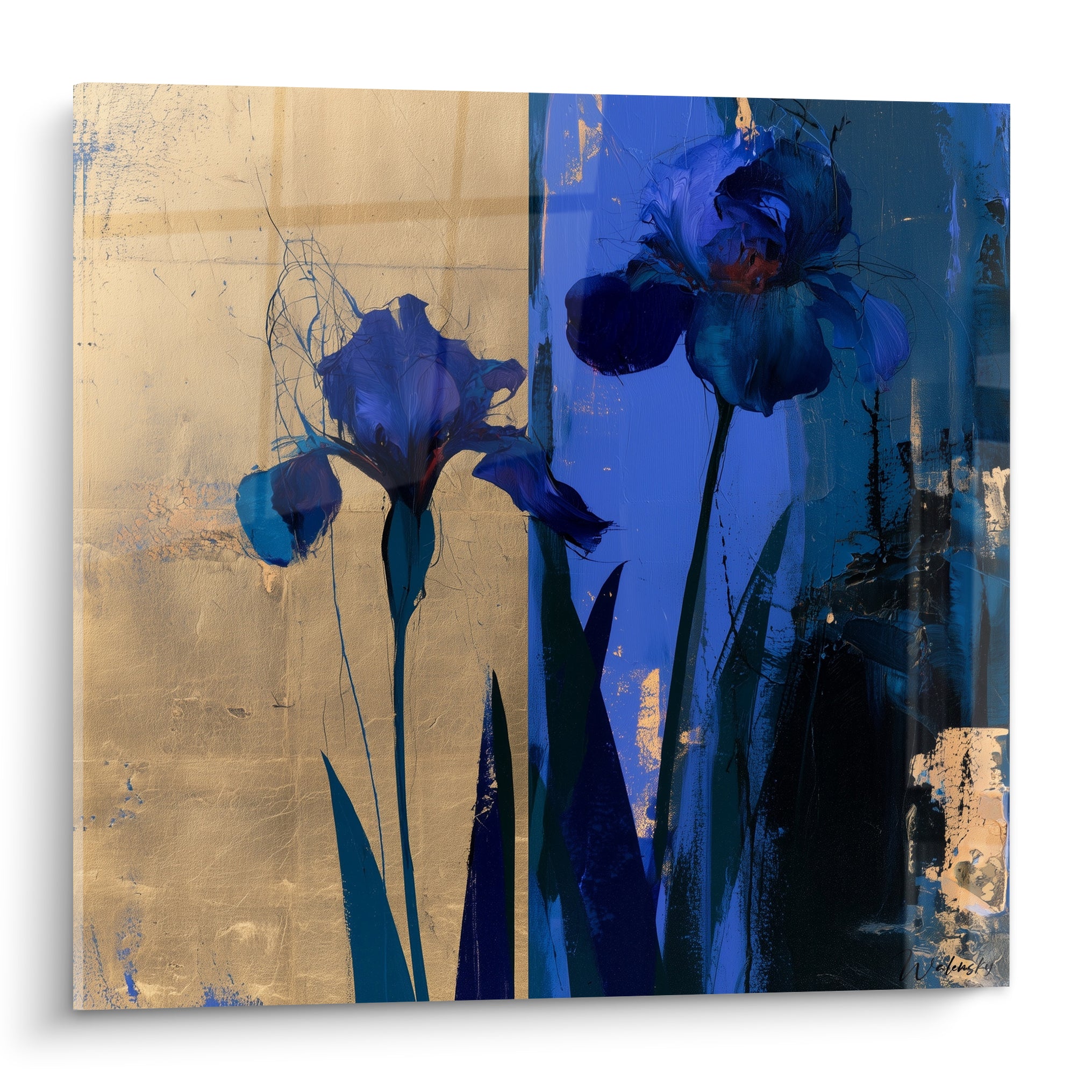 Iris bleu nuit aux pétales veloutés se dressant sur fond doré et bleu marine contrasté