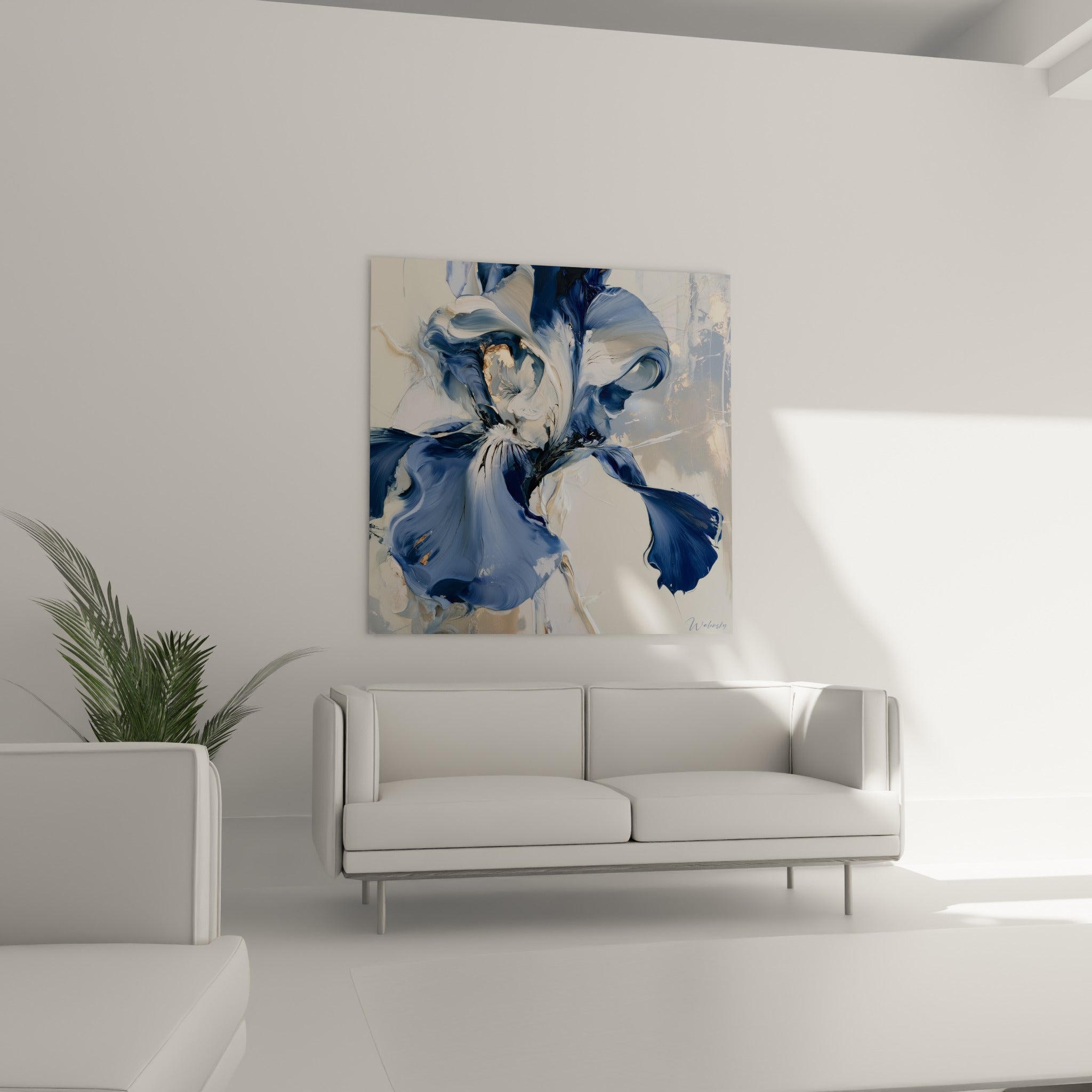 Pétales d'iris bleu pastel et ivoire aux éclats dorés, suspendus au-dessus d'un canapé dans un salon lumineux