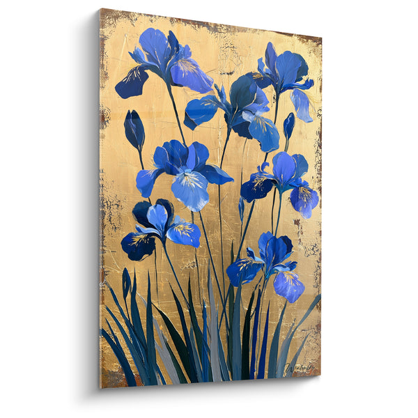 Tableau Iris bleus et dorés aux tiges foisonnantes - Bord rouillé craquelé - Edition Iris