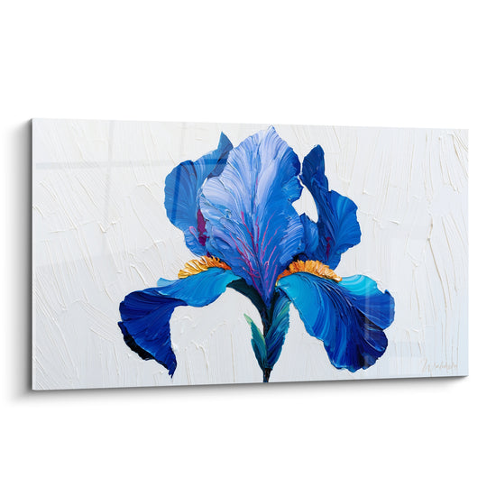 Iris bleu et turquoise aux reflets dorés peint en relief sur fond blanc texturé au couteau