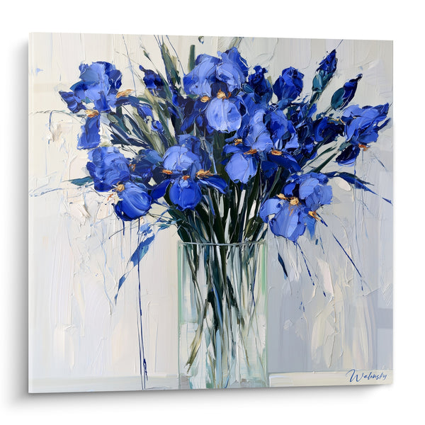 Tableau Bouquet d'iris bleu et blanc dans vase transparent - Fraîcheur matinale - Edition Iris