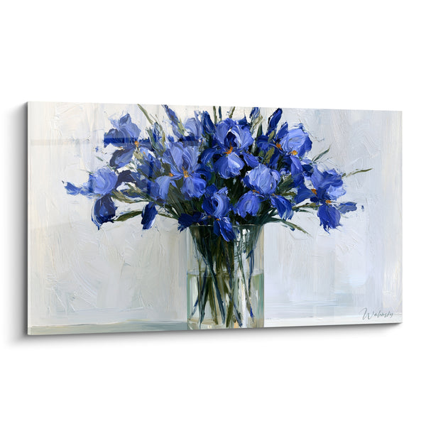 Tableau Bouquet bleu et blanc au vase cylindrique - Touffe de feuilles vertes - Edition Iris