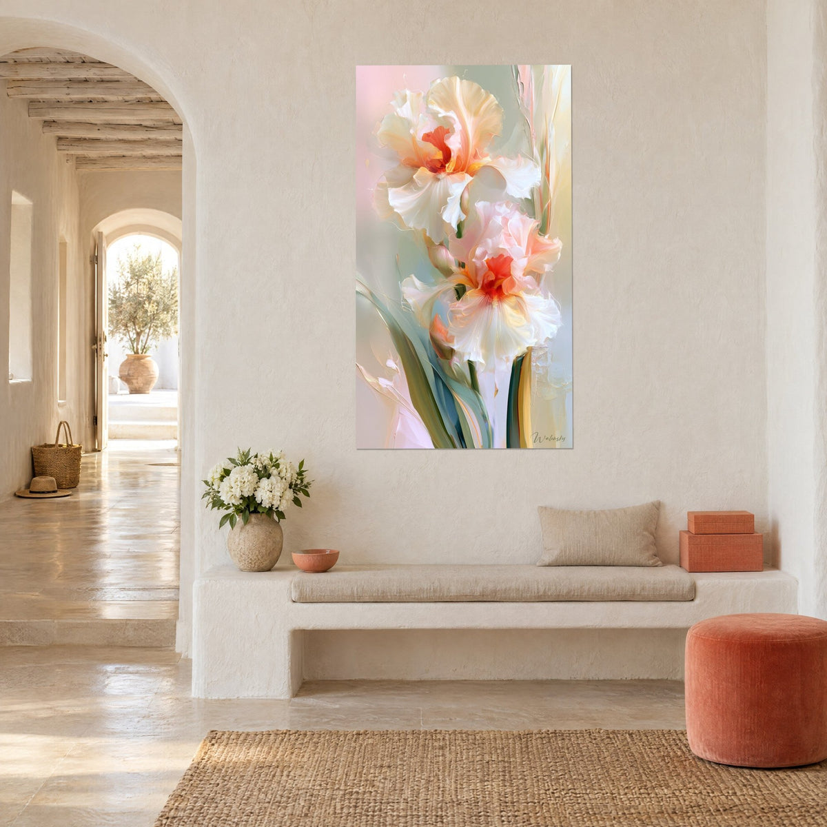 Wall art with pearlescent iris blooms, orange beards and sage-green leaves, on a white wall of a Mediterranean house