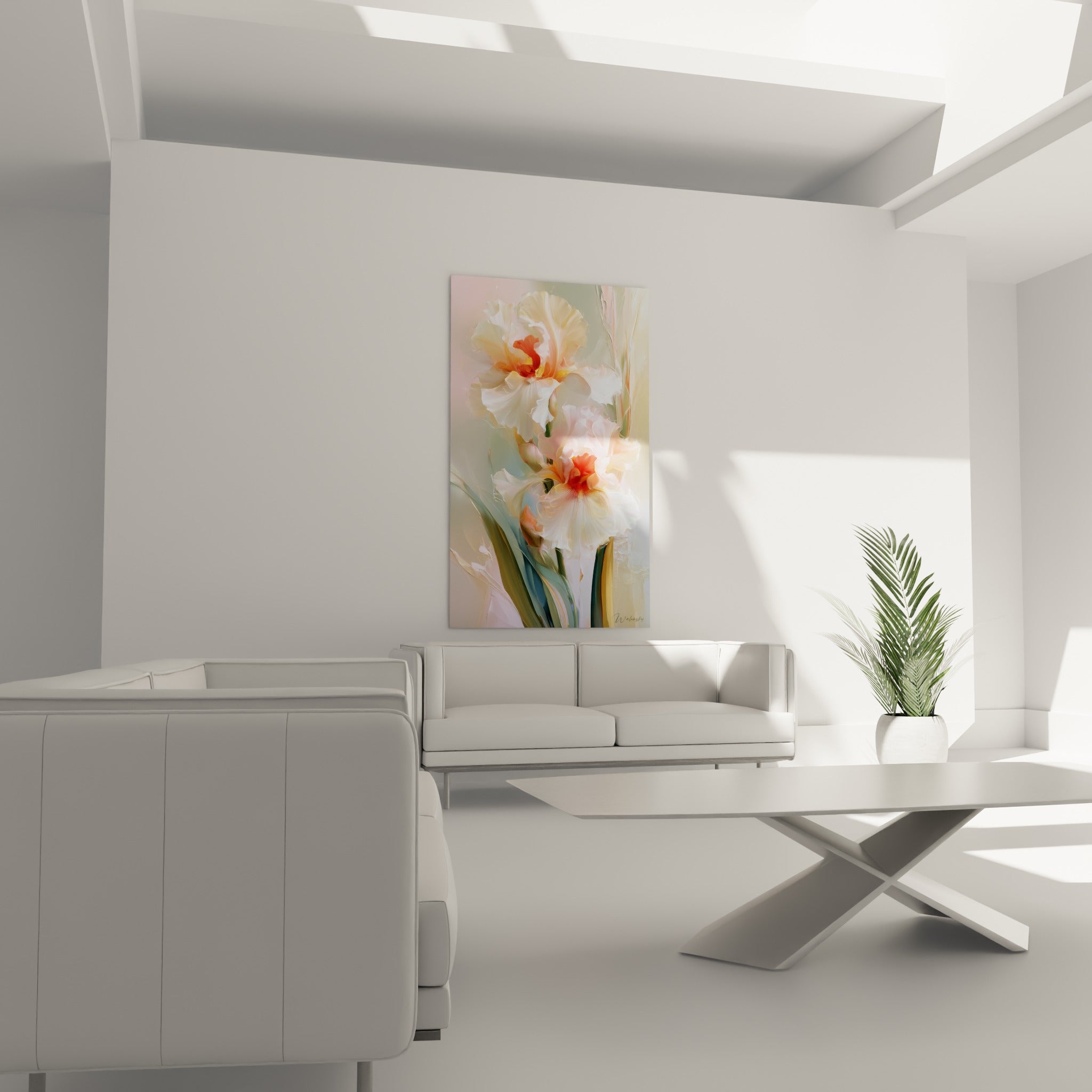 Bouquet d'iris pastel et vert sauge au-dessus d'un canapé dans un salon lumineux