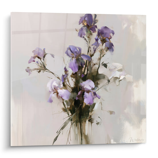 Bouquet d'iris violets et blancs peint aux tiges vert olive sur fond beige lumineux