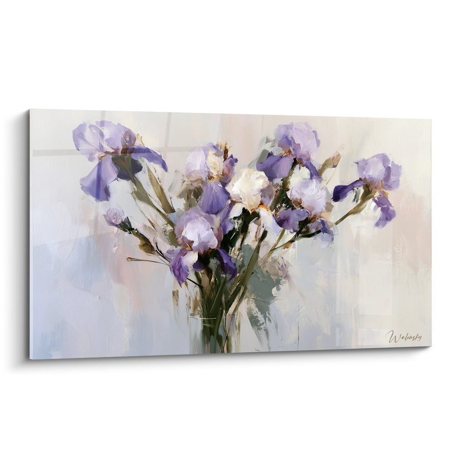 Tableau Bouquet mauve et blanc dans un vase en verre - Gerbe fournie et haute - Edition Iris