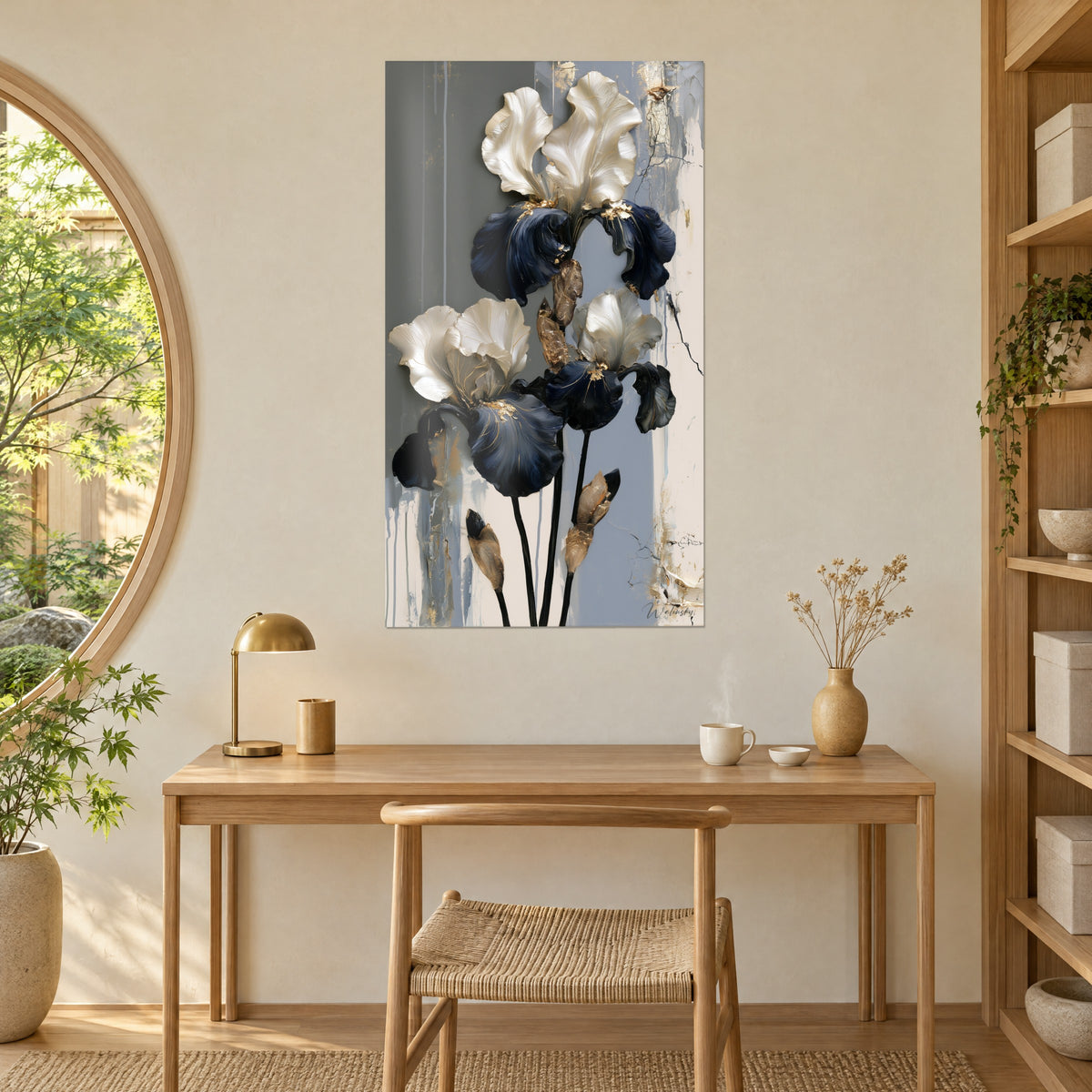 Cuadro floral de iris marfil y azul profundo, toques de pan de oro y fondo gris rayado, sobre un escritorio de madera clara