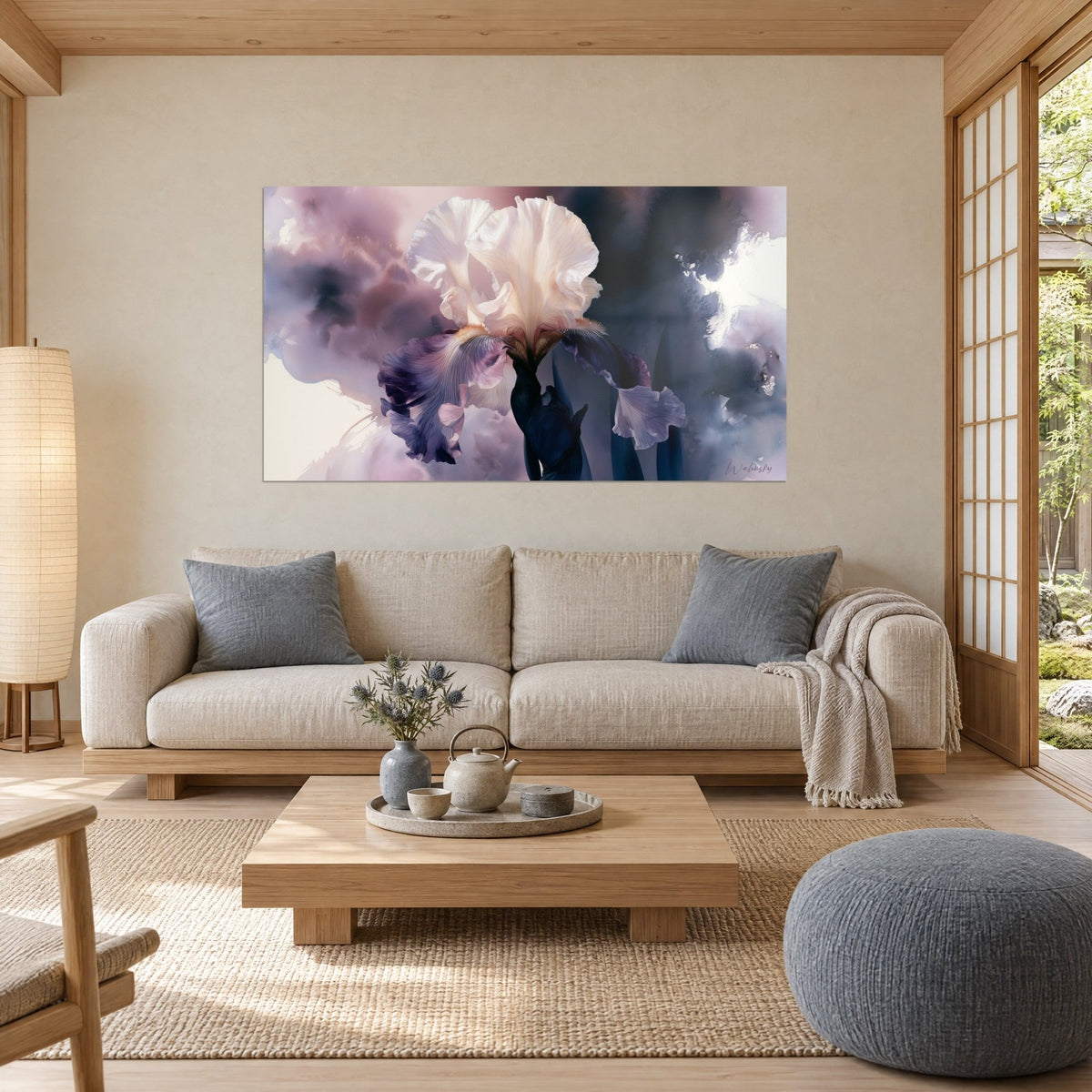 Wall art white iris with pearly, crumpled petals, plum and midnight blue watercolor background, above a sofa in a bright living room