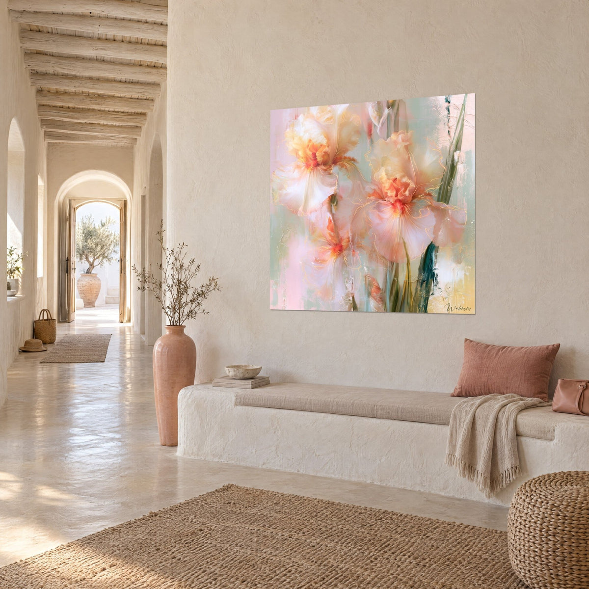 Wall art large peach and ivory iris blooms, sage green background, three-quarter view in a vaulted corridor of a Mediterranean house
