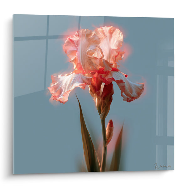 Tableau Iris blanc et corail sur fond gris bleuté - Halo lumineux incandescent - Edition Iris