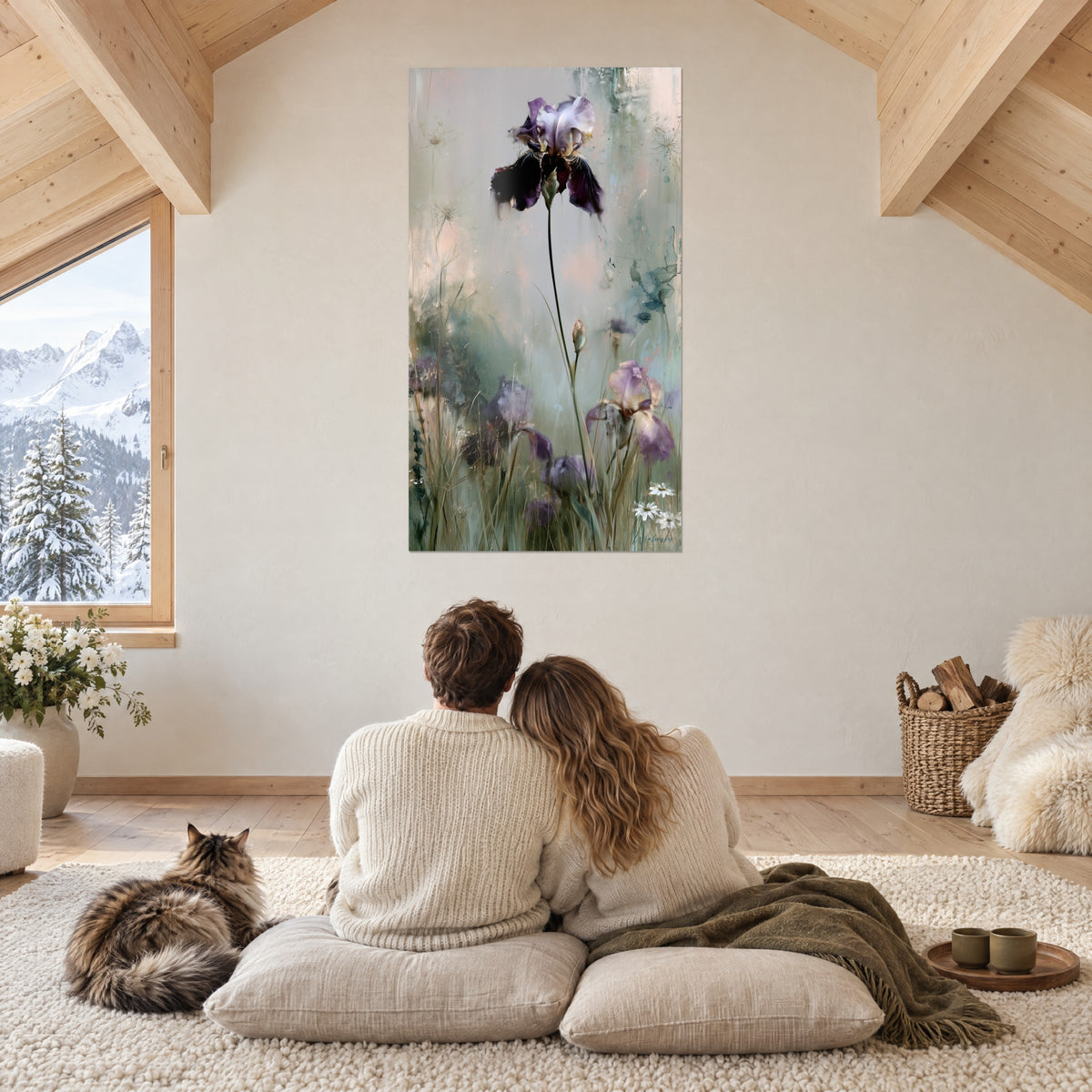 Cuadro campo de iris malva en pintura difuminada, verde salvia y rosa, encima de una pareja y un Maine Coon