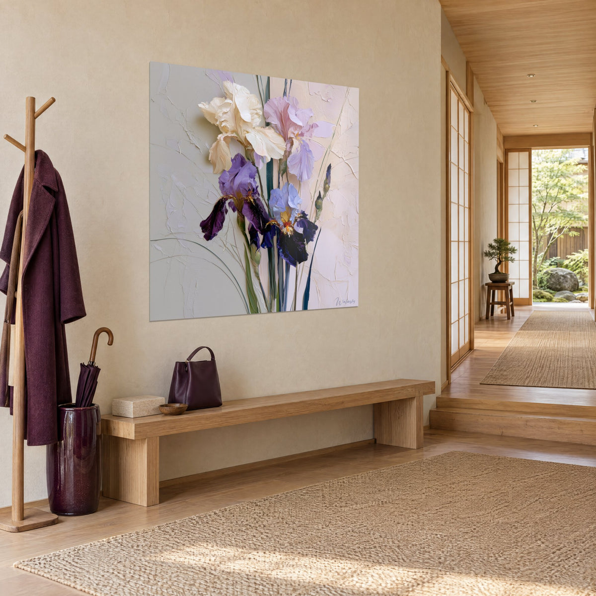 Wall art iris flowers with cream and mauve petals, blue-green stems, seen three-quarter view in a light wood japandi hallway