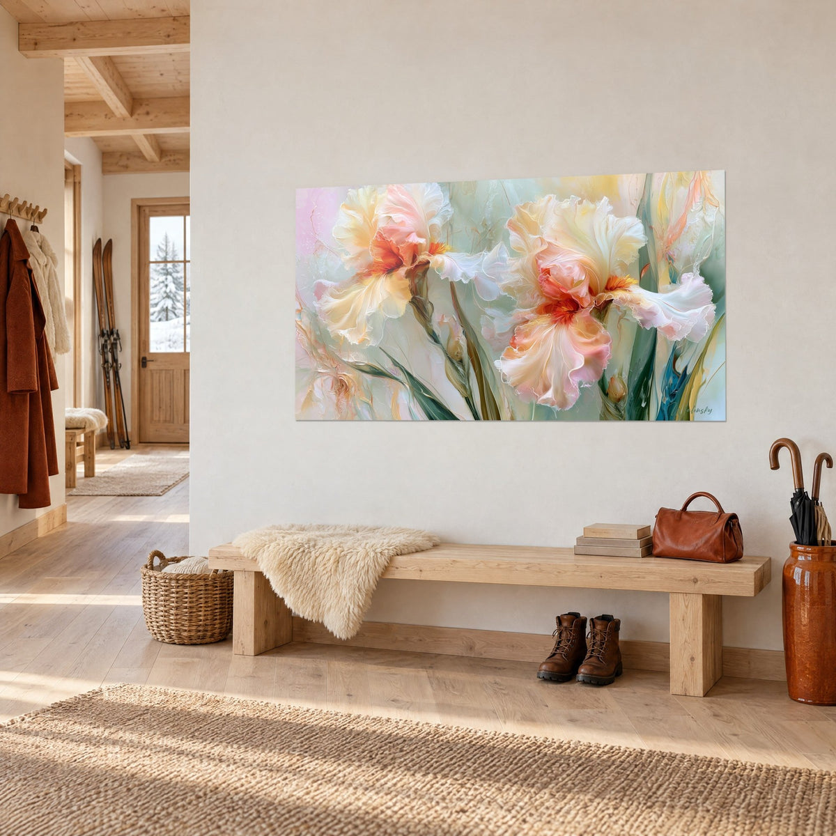 Wall art of translucent iris flowers in powder pink and ivory, orange-hued hearts, hung above a wooden bench in a chalet entryway