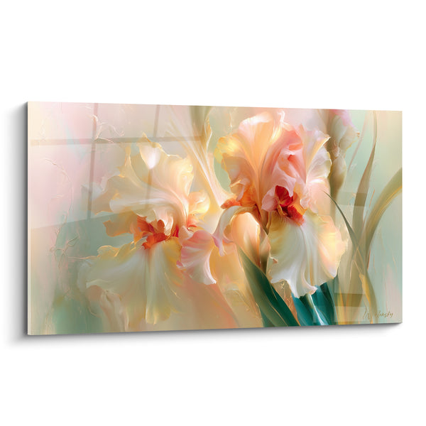 Tableau Iris crème et pêche à la barbe écarlate - Fenêtre vitrée en fond - Edition Iris