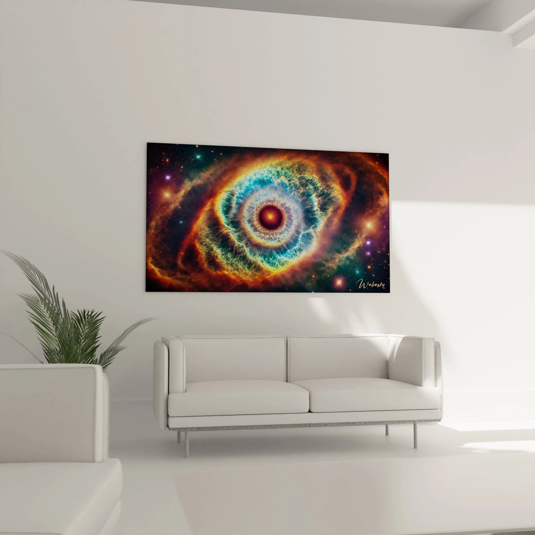 Accroché au mur du salon, au-dessus d’un canapé, le tableau espace devient un point focal impressionnant avec ses nébuleuses colorées et son regard cosmique mystérieux qui inspire la contemplation.

