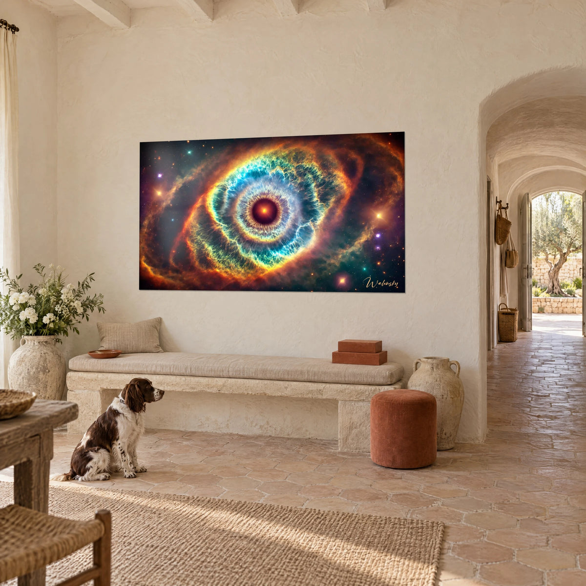 Tableau iris cosmique rayonnant, pupille rouge sombre et filaments cyan sur fond violet, avec un spaniel dans un mas provençal
