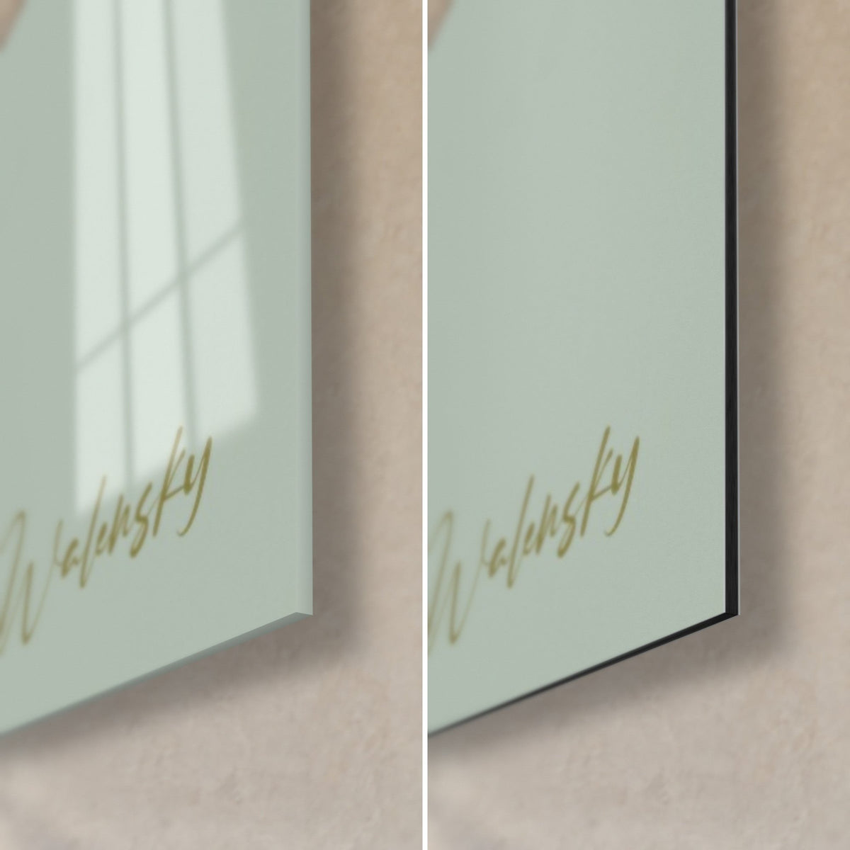 Wall art ivory iris bouquet, bottom right corner: glossy acrylic glass on the left, matte black Dibond aluminum on the right, 3 mm edge