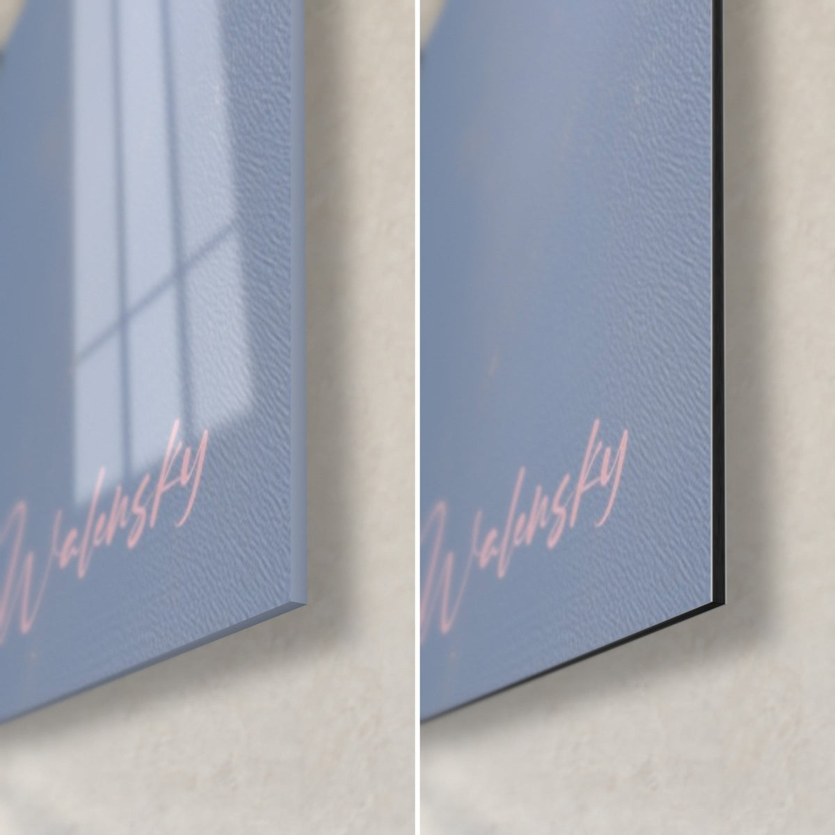 Quadro iris malva in pittura a olio, firma rosa Walensky su sfondo blu, vetro lucido e Dibond nero opaco