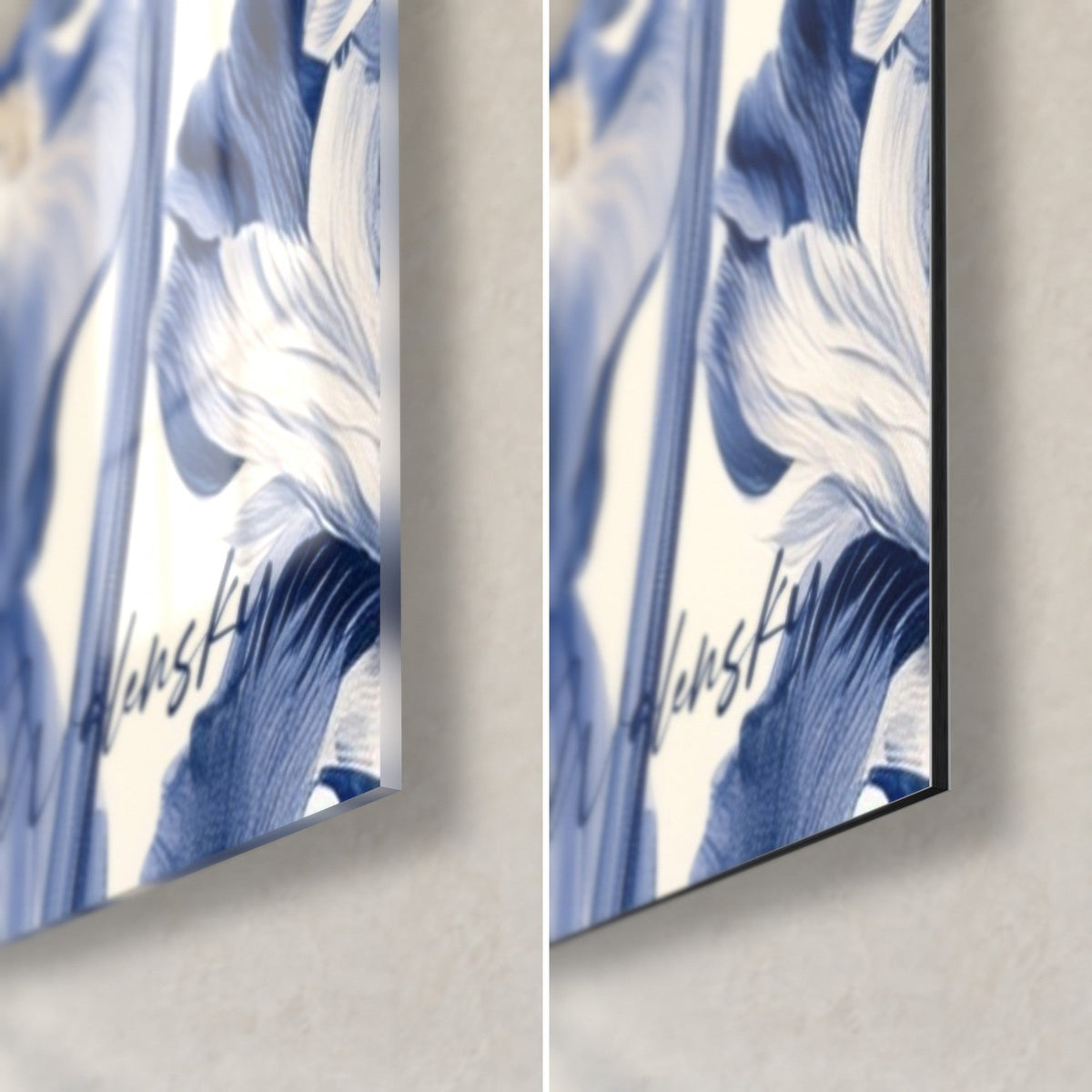 Wall art of periwinkle blue and ivory irises, bottom right corner: glossy acrylic glass on the left, matte Dibond aluminium on the right, 3 mm edge