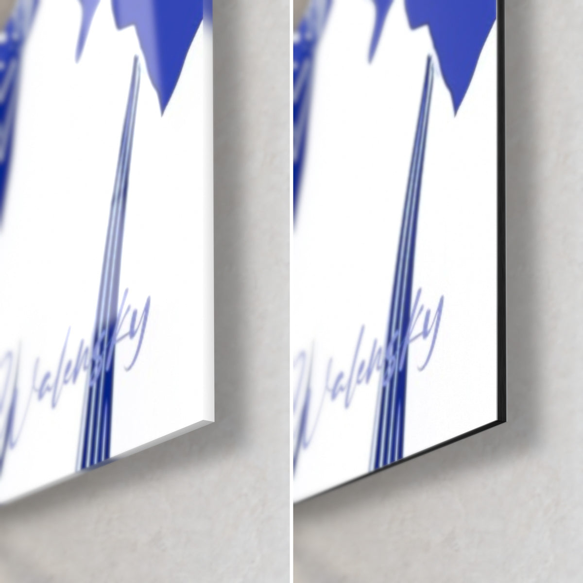 Wall art of ultramarine iris flowers on a white background, bottom right corner in glossy glass and matte Dibond, 3 mm edge