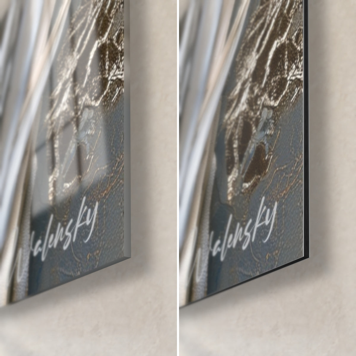 Gemälde Lavendelfarbene Irisblüten, untere rechte Ecke: glänzendes Acrylglas links, matt-Dibond rechts, 3 mm Kante