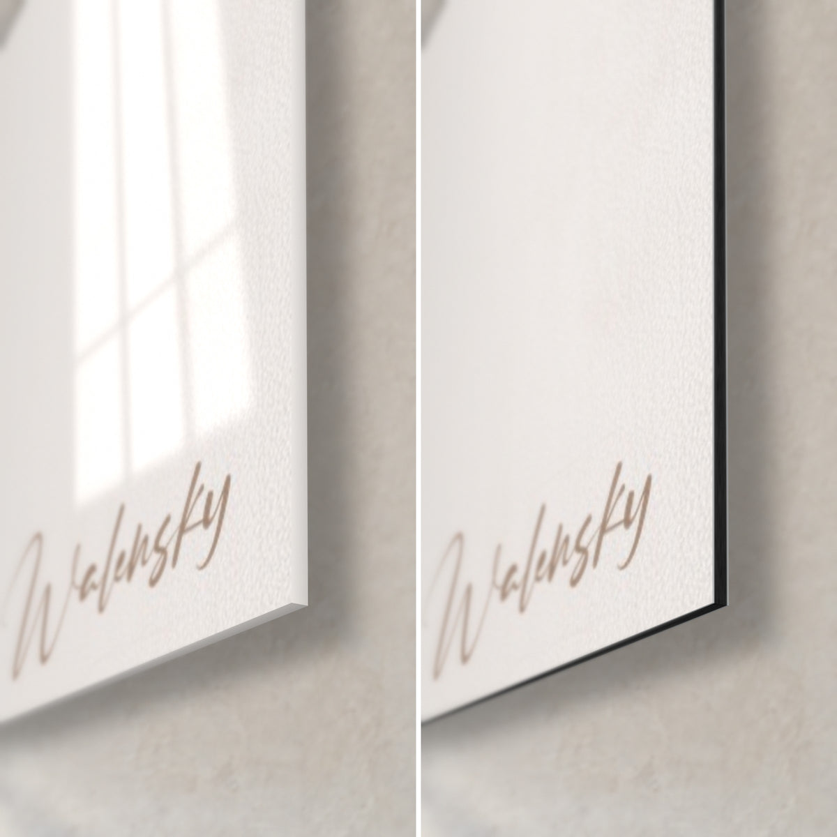 Wall art iris with white and gold petals, bottom right corner: glossy acrylic glass reflecting the window, matte Dibond, 3 mm black edge