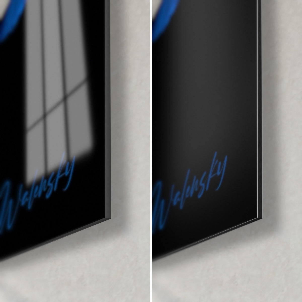 Wall art of a midnight-blue iris flower, bottom right corner: glossy acrylic glass on the left, matte black Dibond aluminum on the right