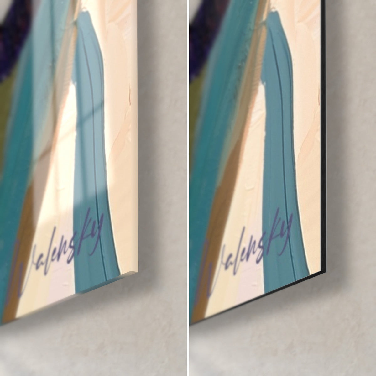Wall art palette-knife iris flowers, bottom right corner: glossy glass and matte black Dibond, teal-green color block, 3 mm edge