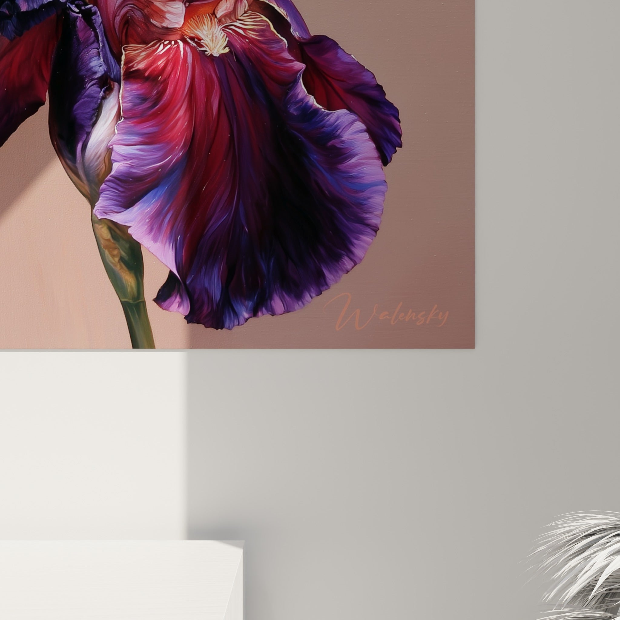 Détail des pétales d'iris montrant les striures dorées et les nuances de violet et de rose