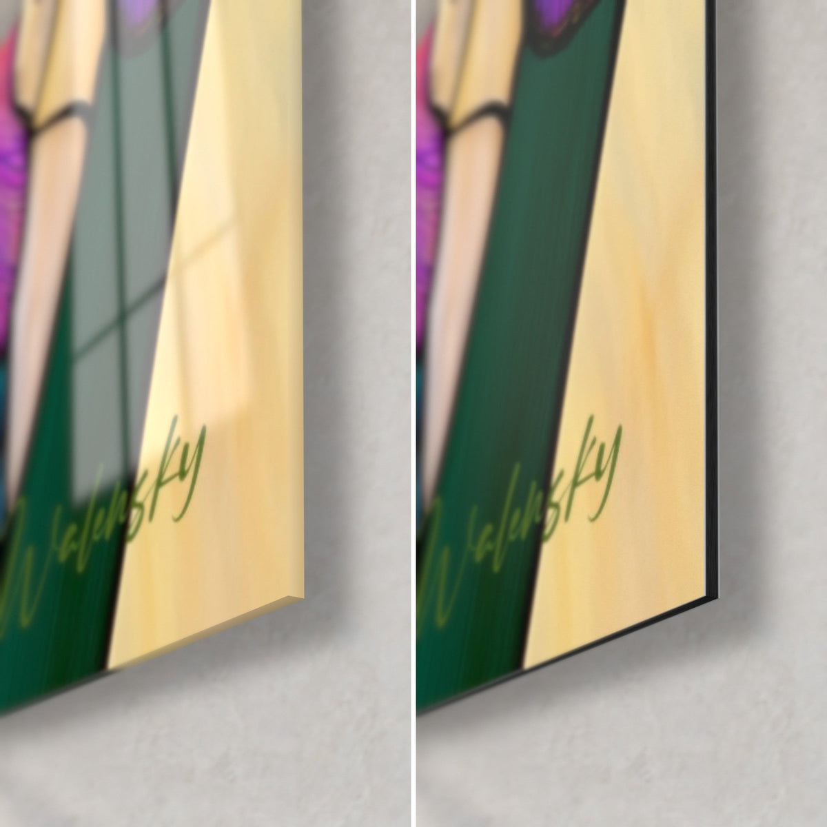 Quadro di bouquet di iris in vetrata, angolo in basso a destra: vetro acrilico lucido a sinistra, alluminio Dibond opaco a destra, spessore 3 mm