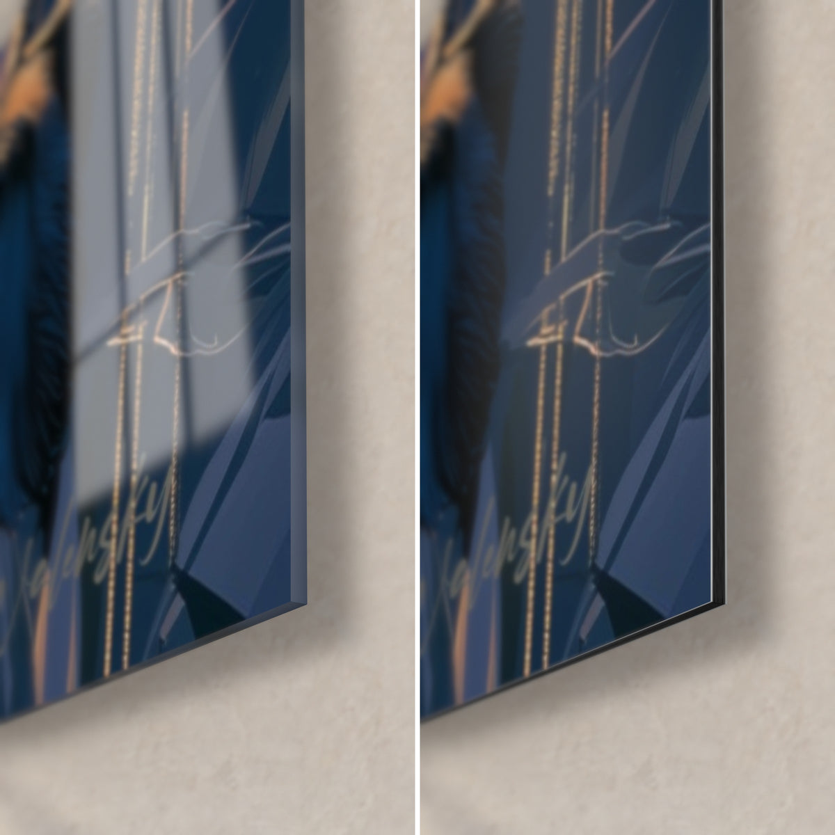 Wall art of midnight blue irises and a golden moon, bottom right corner: glossy acrylic glass on the left, matte Dibond aluminium on the right, thin edge
