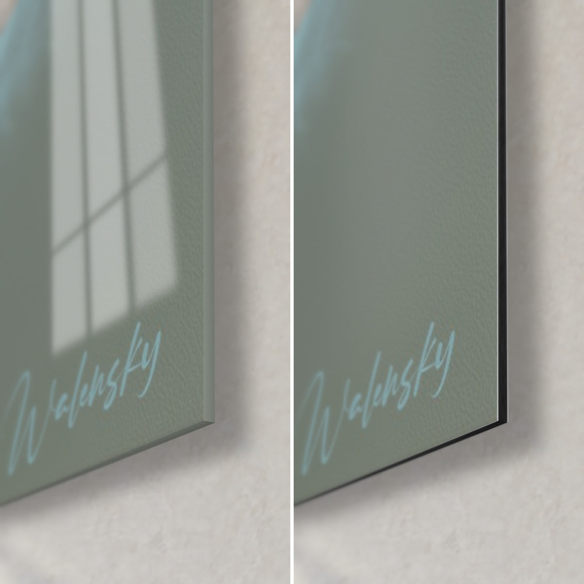 Wall art white irises, bottom right corner: glossy acrylic glass on the left, matte black Dibond on the right, blue signature
