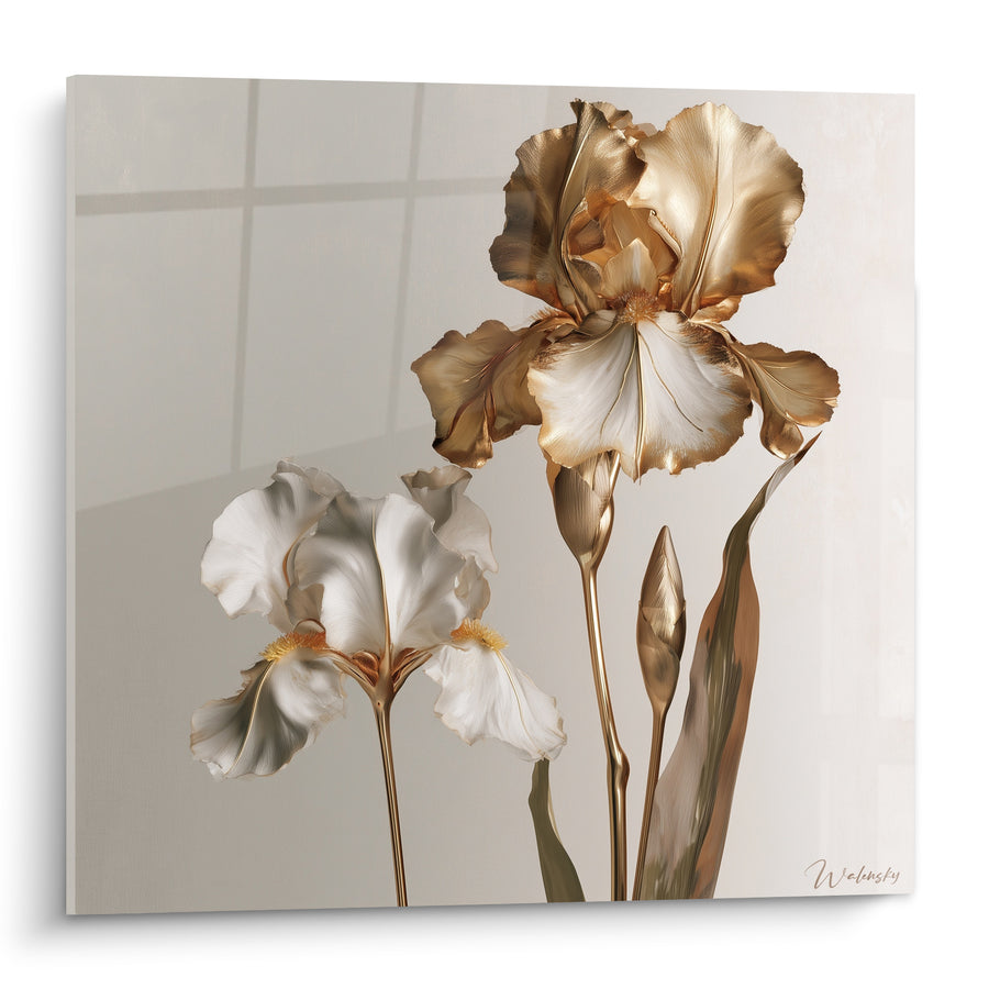 Cuadro Iris blanco con pétalos dorados - Elegancia floral - Edición Iris